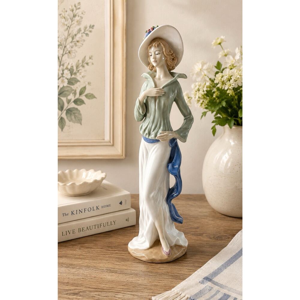 Porcelain Lady Figurine 14” Woman Wide Brim Hat Green Blue Floral Elegant - Picture 2 of 8